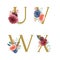 Gold Alphabet florals setÂ collection, Blue-red rose and pink peony flowers bouquets, Design for wedding invitation, celebrate